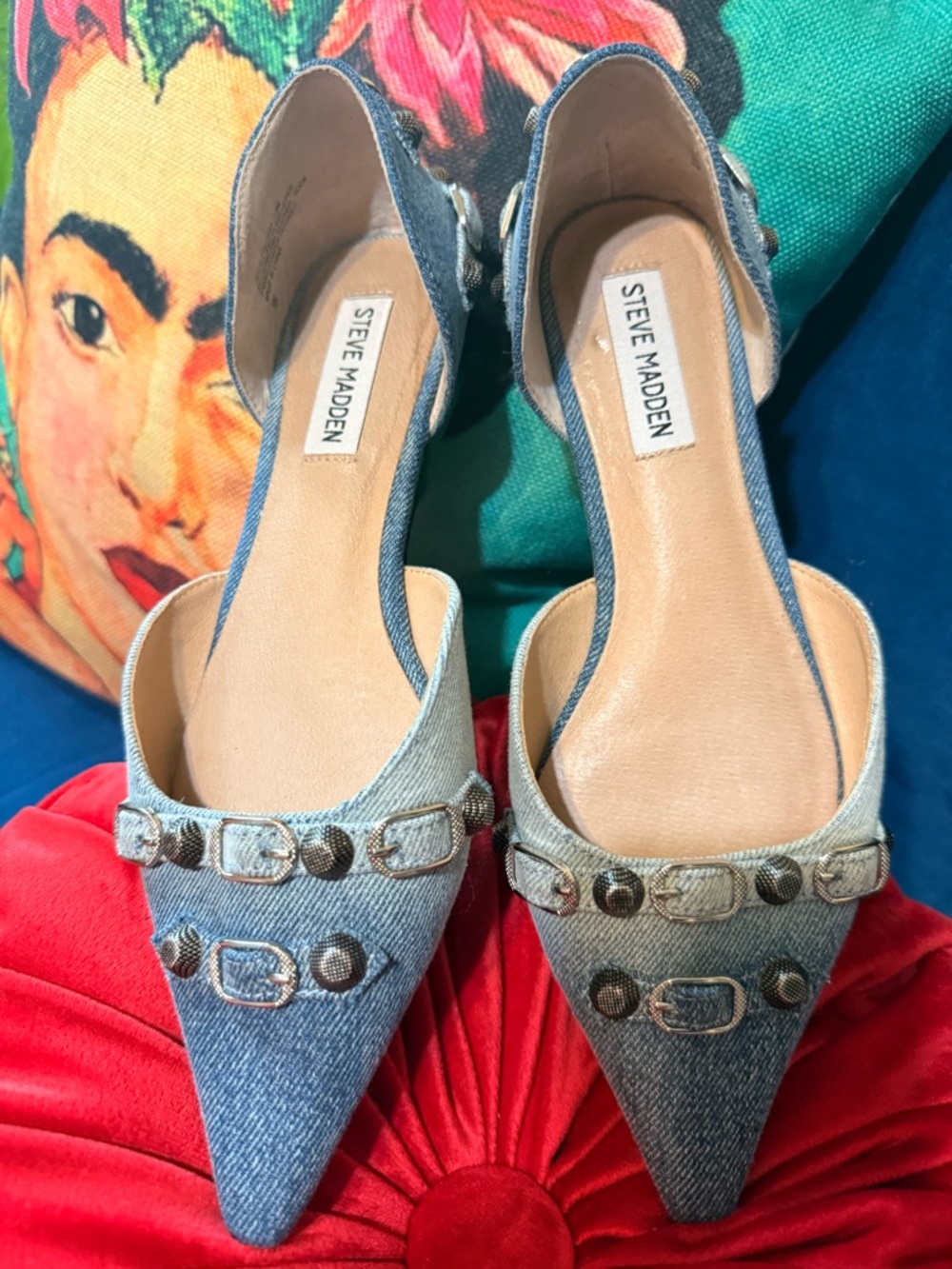 Steve Madden Denim Pointed Mules with Silver Studs